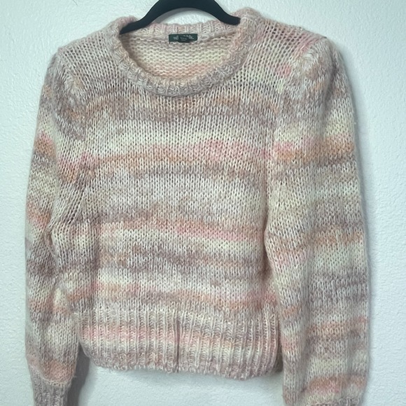 Womens M Fuzzy Knit Sweater Pastel Pink Beige Mohair Blend Pullover Cozycore Y2K - Picture 3 of 14